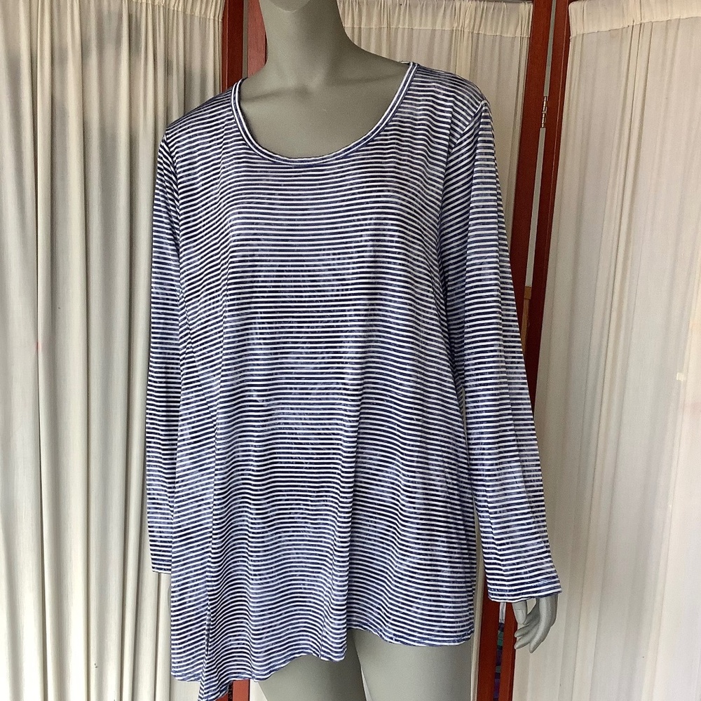 Karen Kane Womens Asymmetrical Blue and White Striped Top Scoop Neck Size 3X